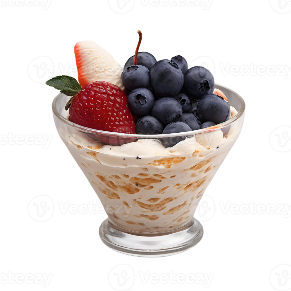 Fruit and yogurt parfait in a bowl with strawberries and blueberries isolated on transparent background png