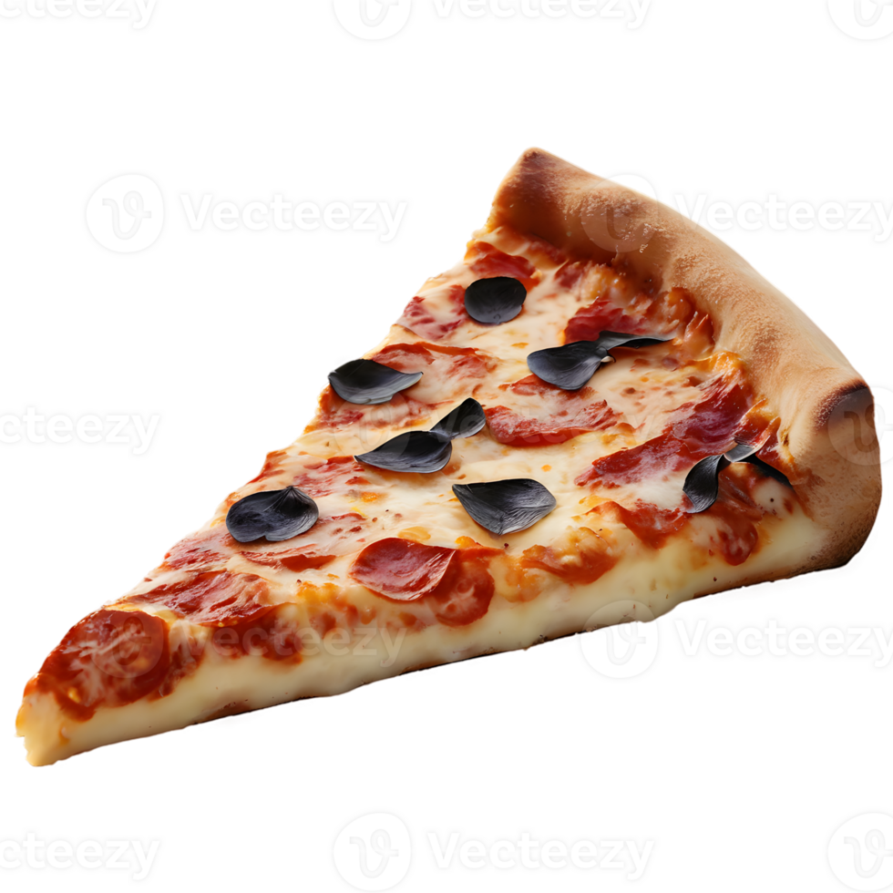 Pepperoni pizza slice with black olives isolated on transparent background png