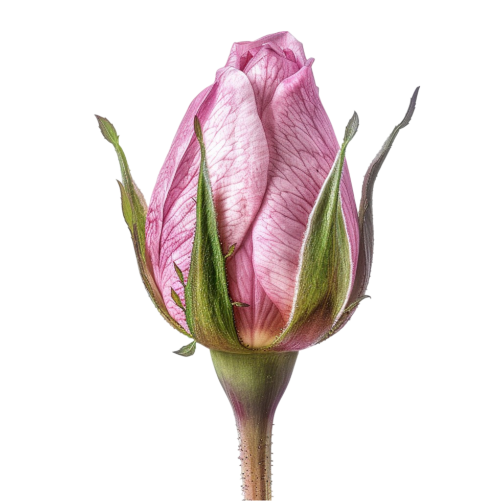a pink rose bud on a stem with leaves png