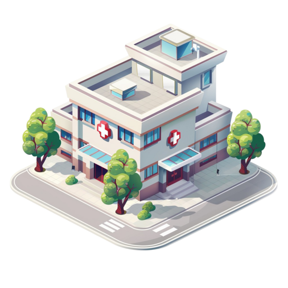 isometric hospital building with trees and trees on the ground png
