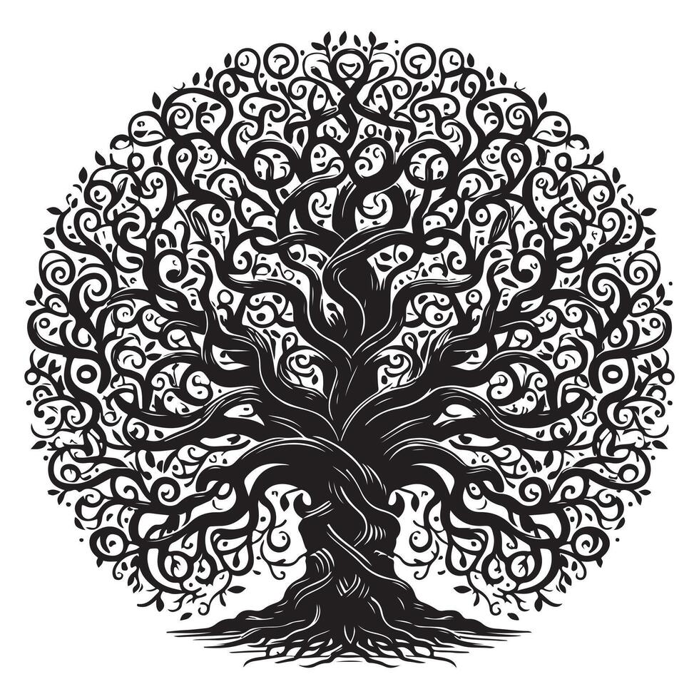 ornamental trees with many entangled branches, oak tree, black graphic vector