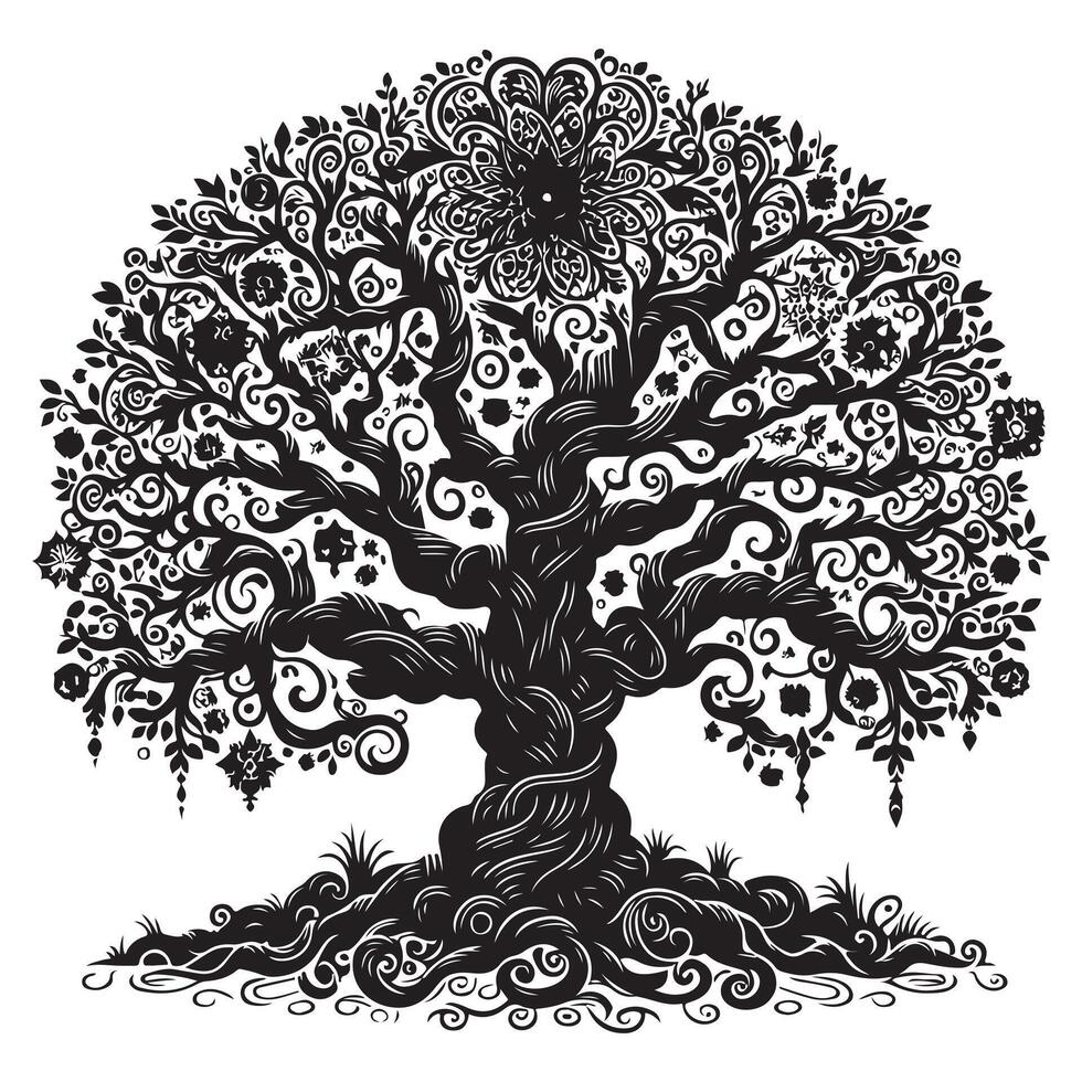 ornamental trees with many entangled branches, oak tree, black graphic vector
