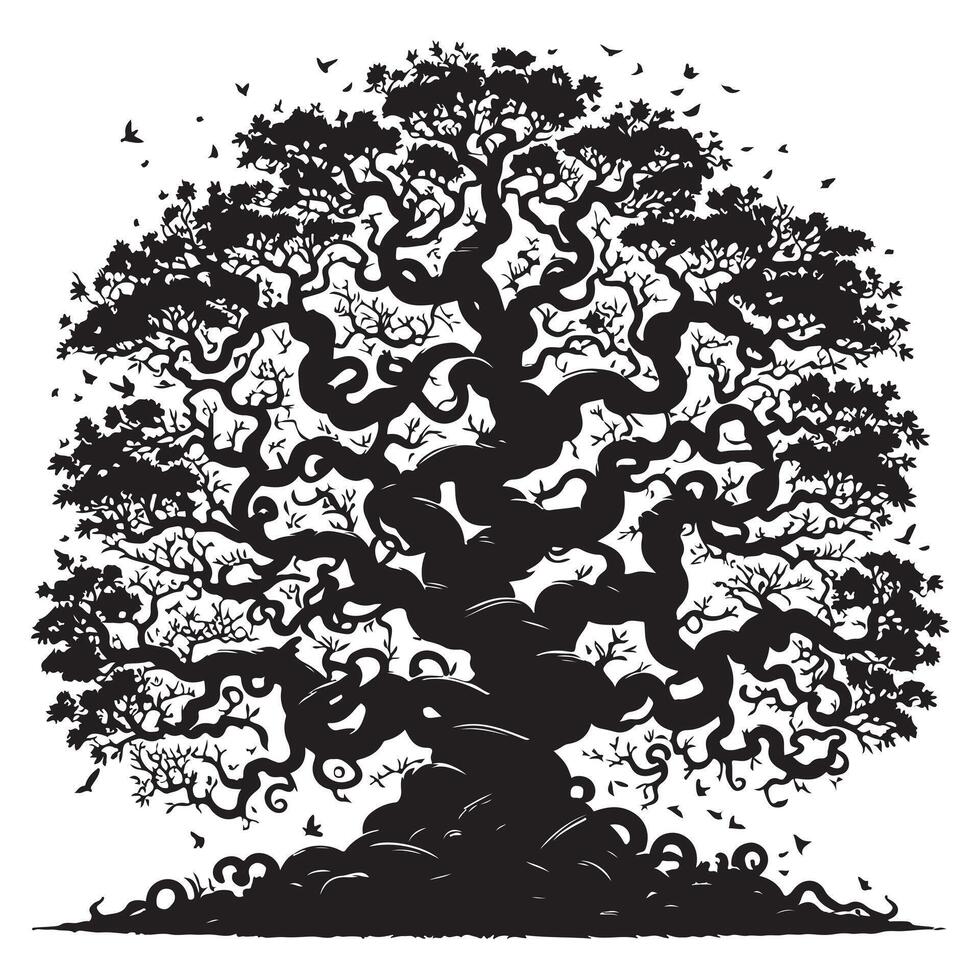 ornamental trees with many entangled branches, oak tree, black graphic vector