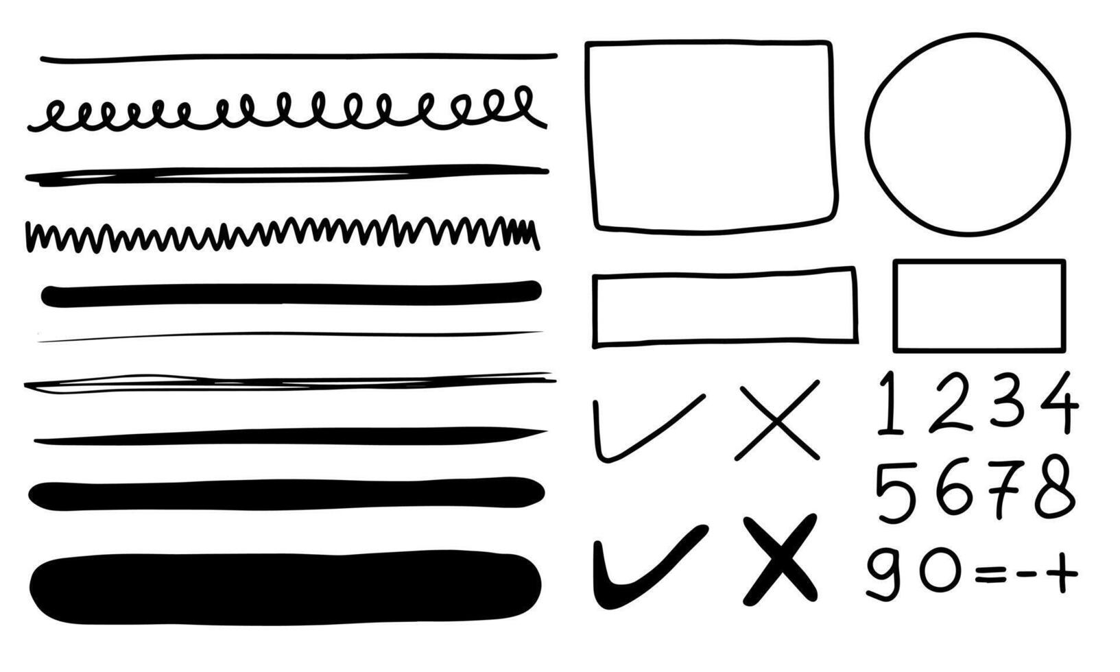 Set of hand drawn elements for selecting text.Hand drawn frames, circle and arrows on white background. vector