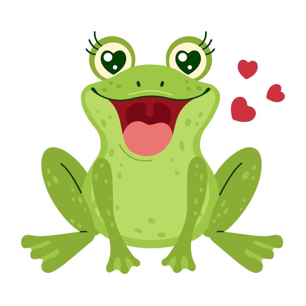An adorable green frog with heart-shaped eyes and red hearts around it. Hand drawn trendy flat style isolated on a white background. Love and affection concept illustration vector