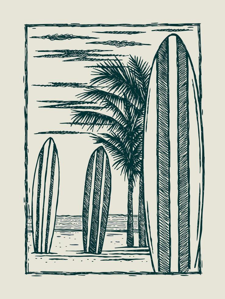 Hand drawn illustration of a tropical beach with surfboards. Art with simple and free lines. vector