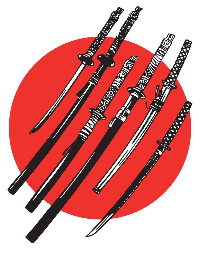 Illustration of a set of ancient Japanese swords. Editable line art. vector
