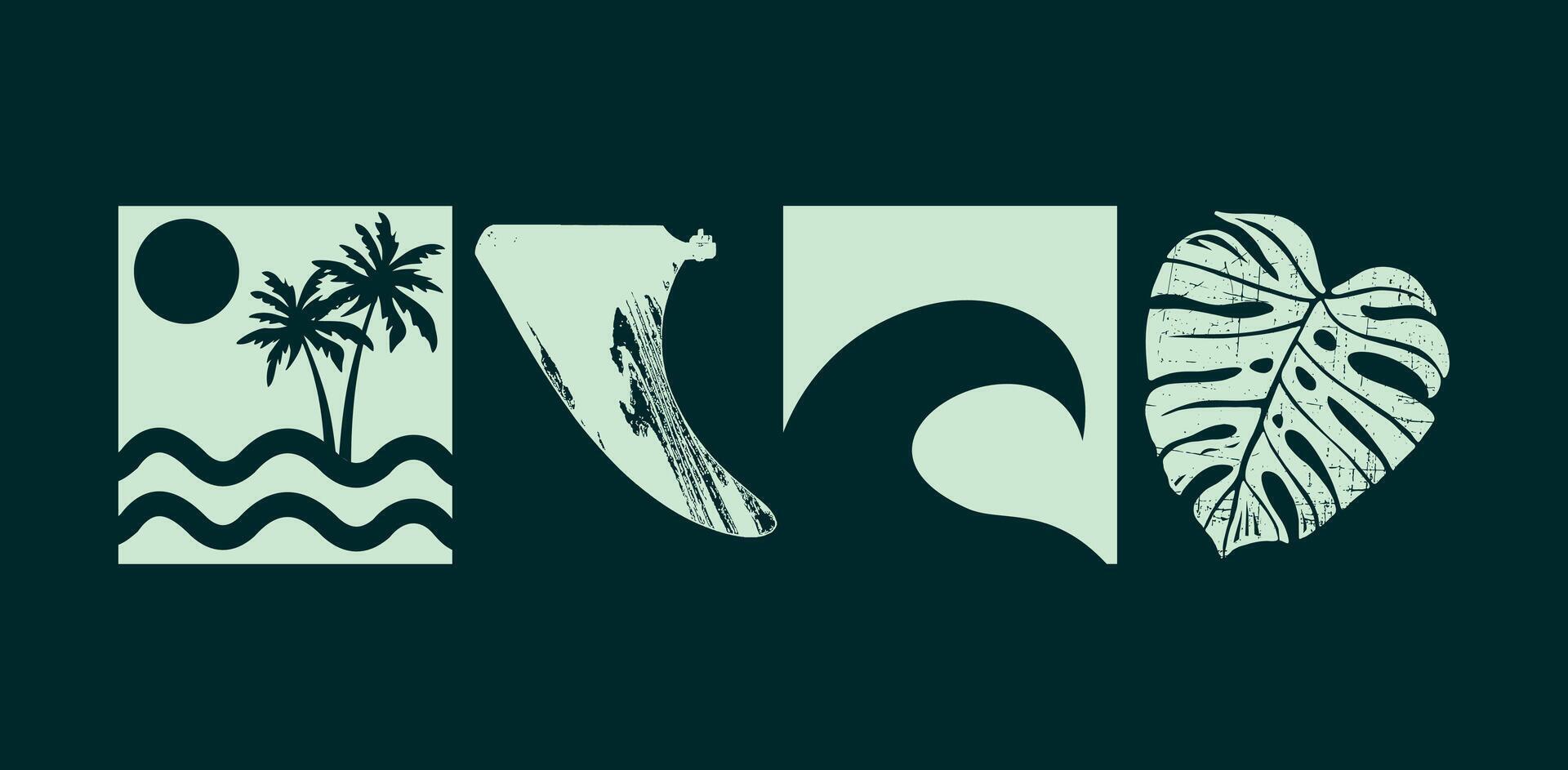 Illustration with graphic representation of elements of summer, the coast and surfing. vector
