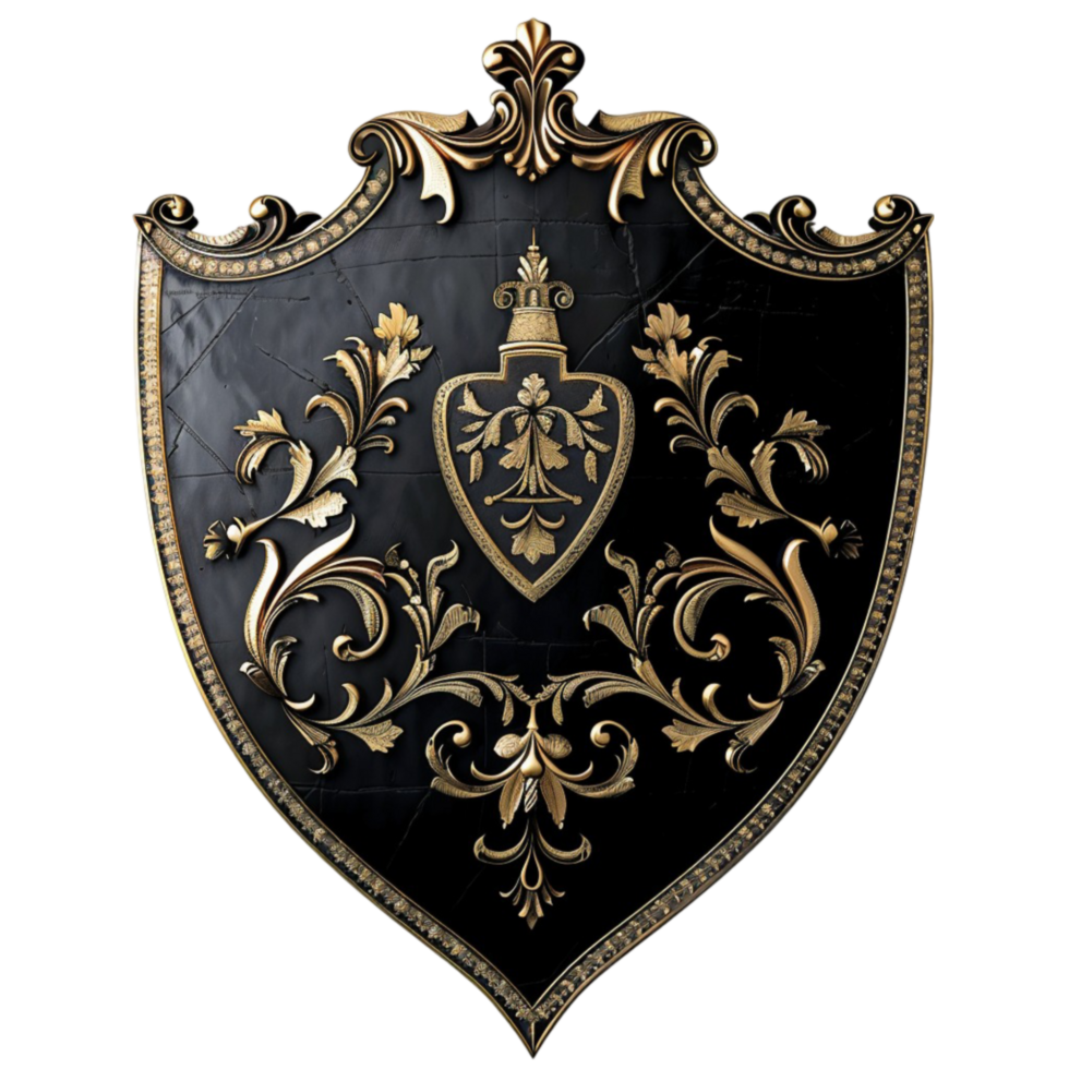 a black and gold shield with ornate design png
