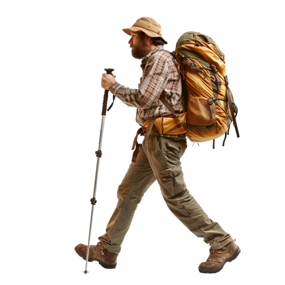 man with backpack and trekking poles walking png