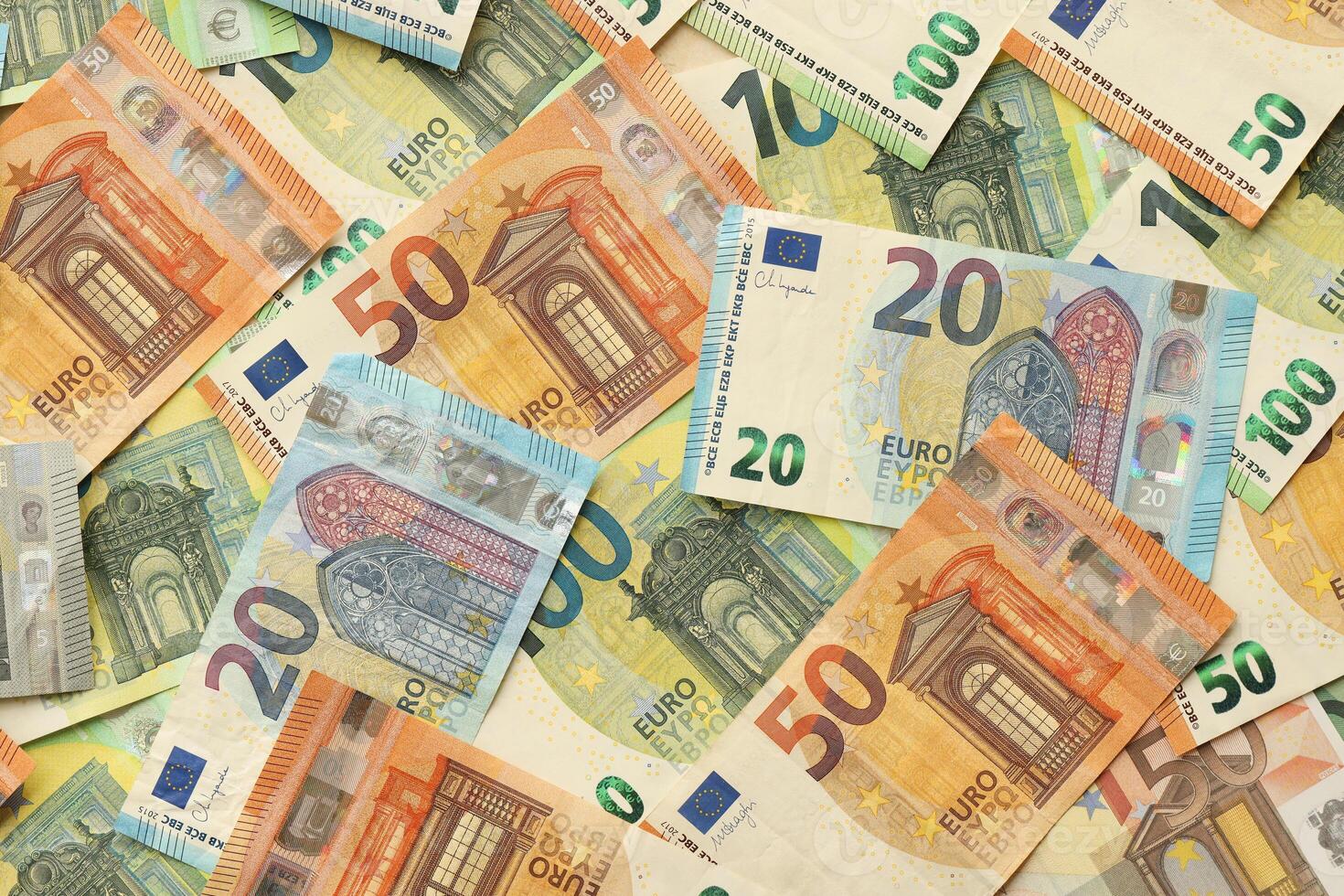 Many european euro money bills. Lot of banknotes of european union currency photo