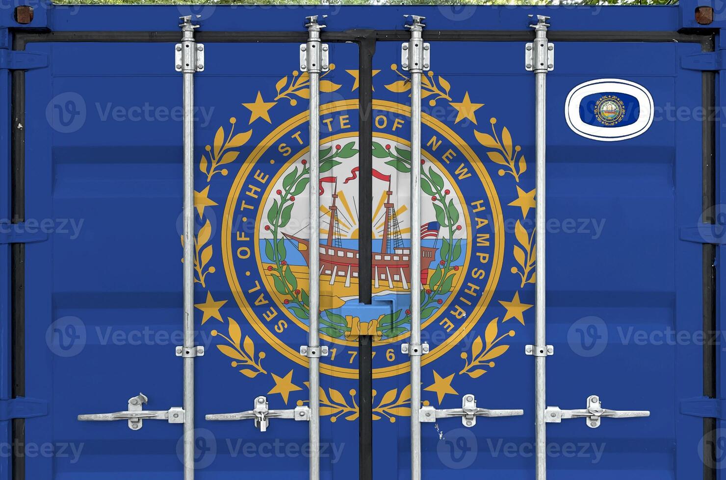 New Hampshire US state flag depicted on metal doors of shipping cargo container outdoors in docks area photo