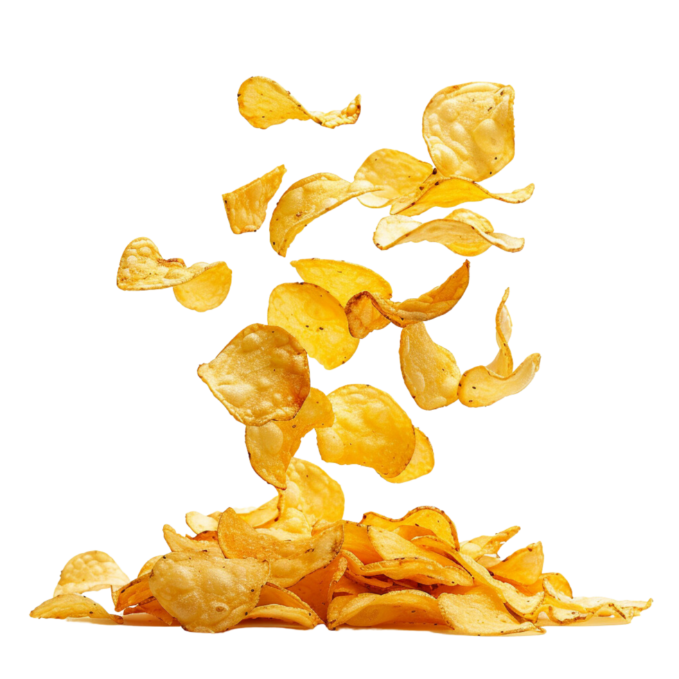 A close-up shot flying of a pile of delicious potato chips isolated on a transparent background png