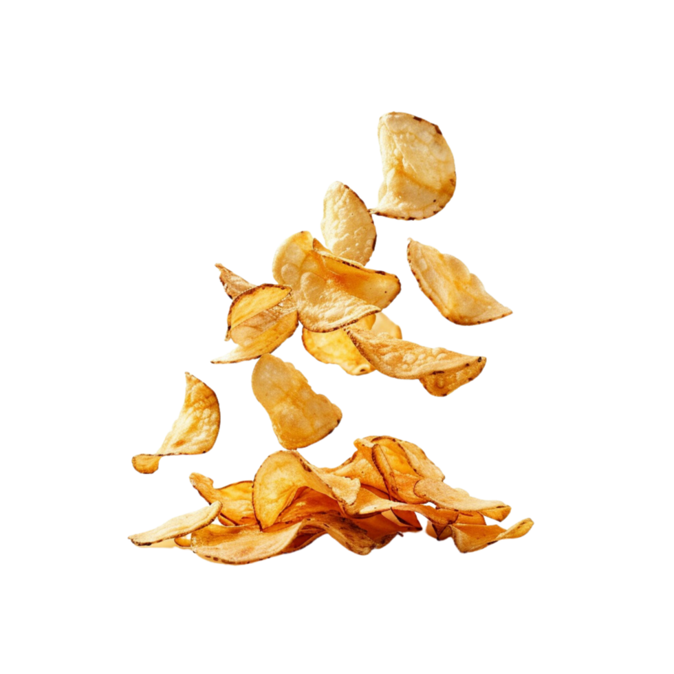 A close-up shot flying of a pile of delicious potato chips isolated on a transparent background png