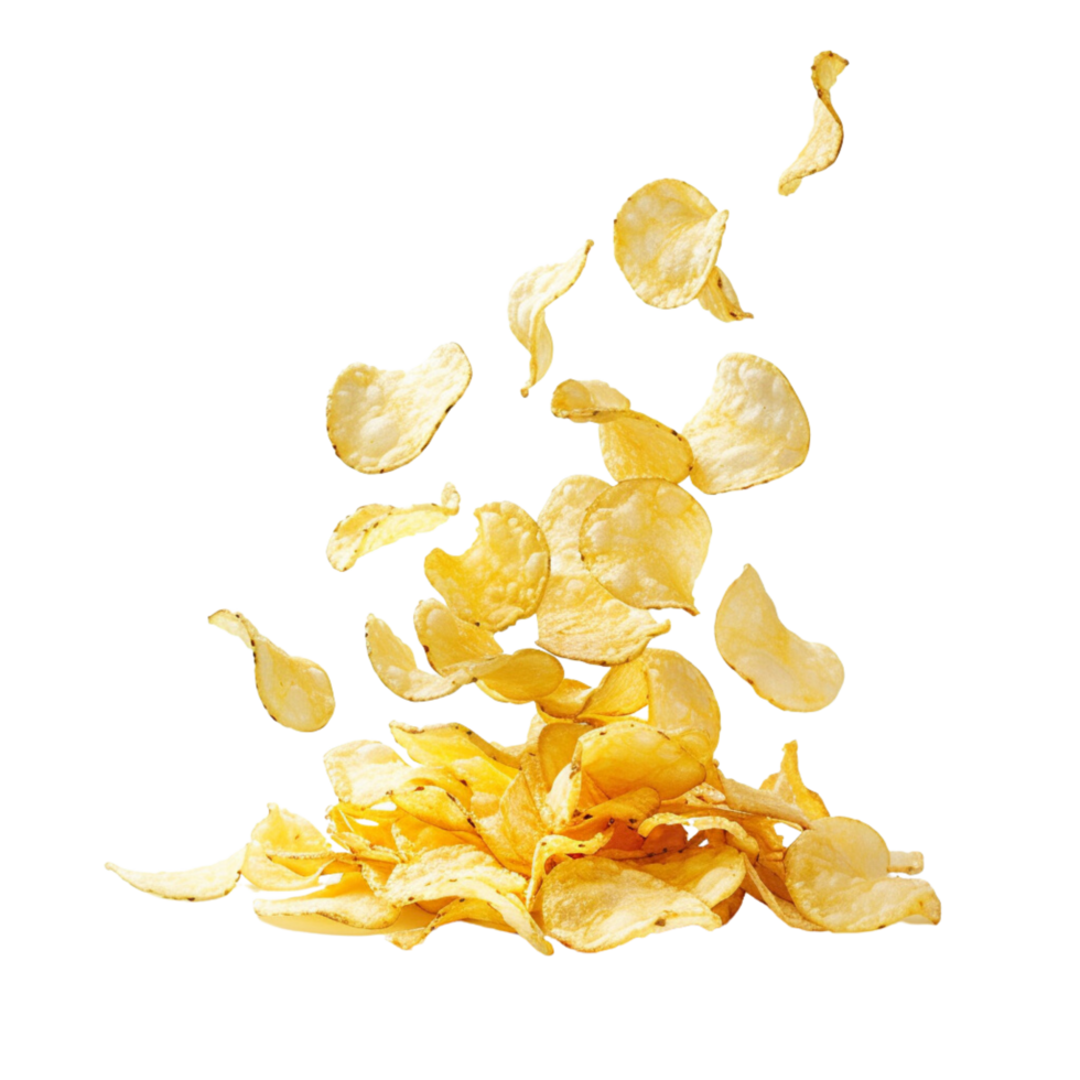 A close-up shot flying of a pile of delicious potato chips isolated on a transparent background png