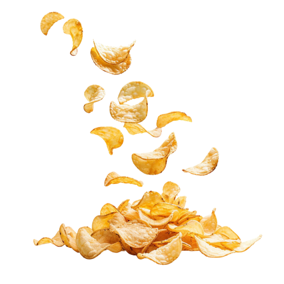 A close-up shot flying of a pile of delicious potato chips isolated on a transparent background png
