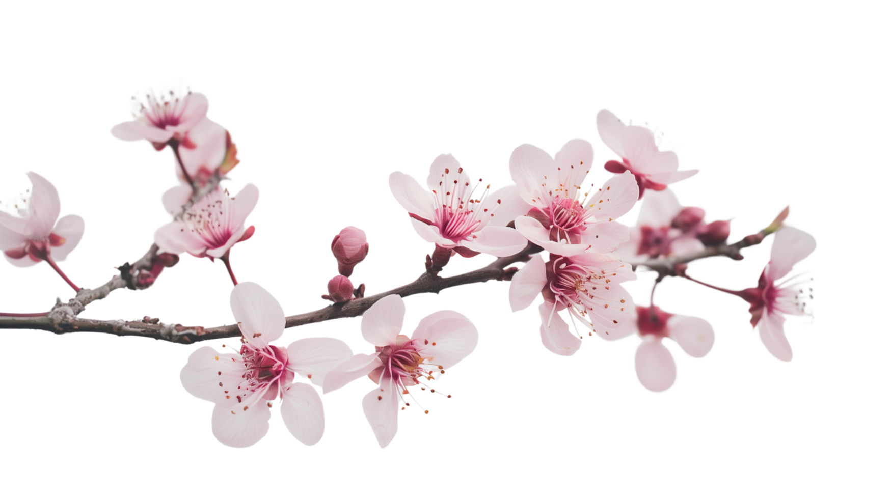 A close-up shot of delicate pink flowers blooming on a branch against on a transparent background png
