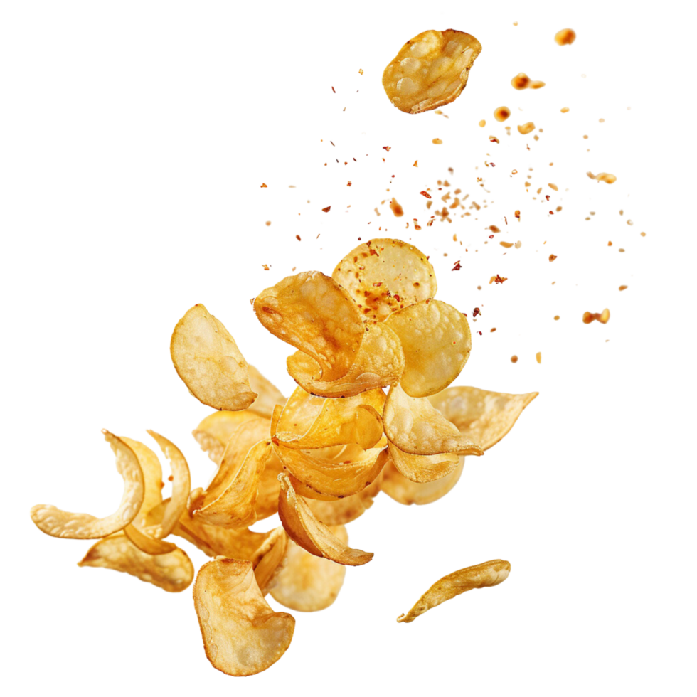 A close-up shot flying of a pile of delicious potato chips isolated on a transparent background png