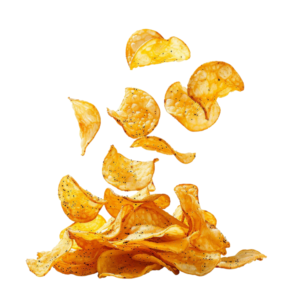A close-up shot flying of a pile of delicious potato chips isolated on a transparent background png