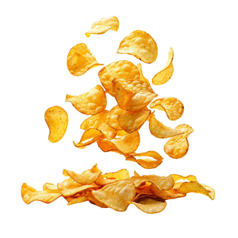 A close-up shot flying of a pile of delicious potato chips isolated on a transparent background png