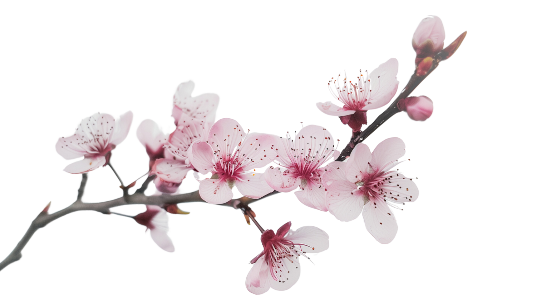 A close-up shot of delicate pink flowers blooming on a branch against on a transparent background png