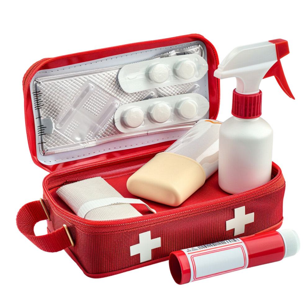 A close-up of an open first aid kit displaying gauze, adhesive tape, and pain relief spray isolated on a transparent background png