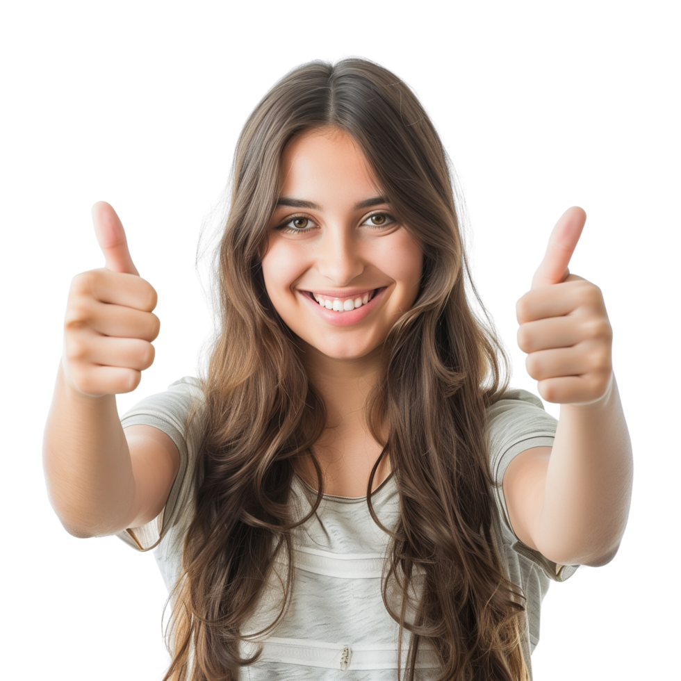 A cheerful young woman with long hair, giving a thumbs up with both hands, isolated on a transparent background png