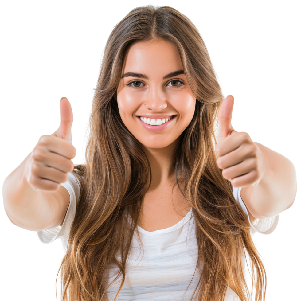 A cheerful young woman with long hair, giving a thumbs up with both hands, isolated on a transparent background png