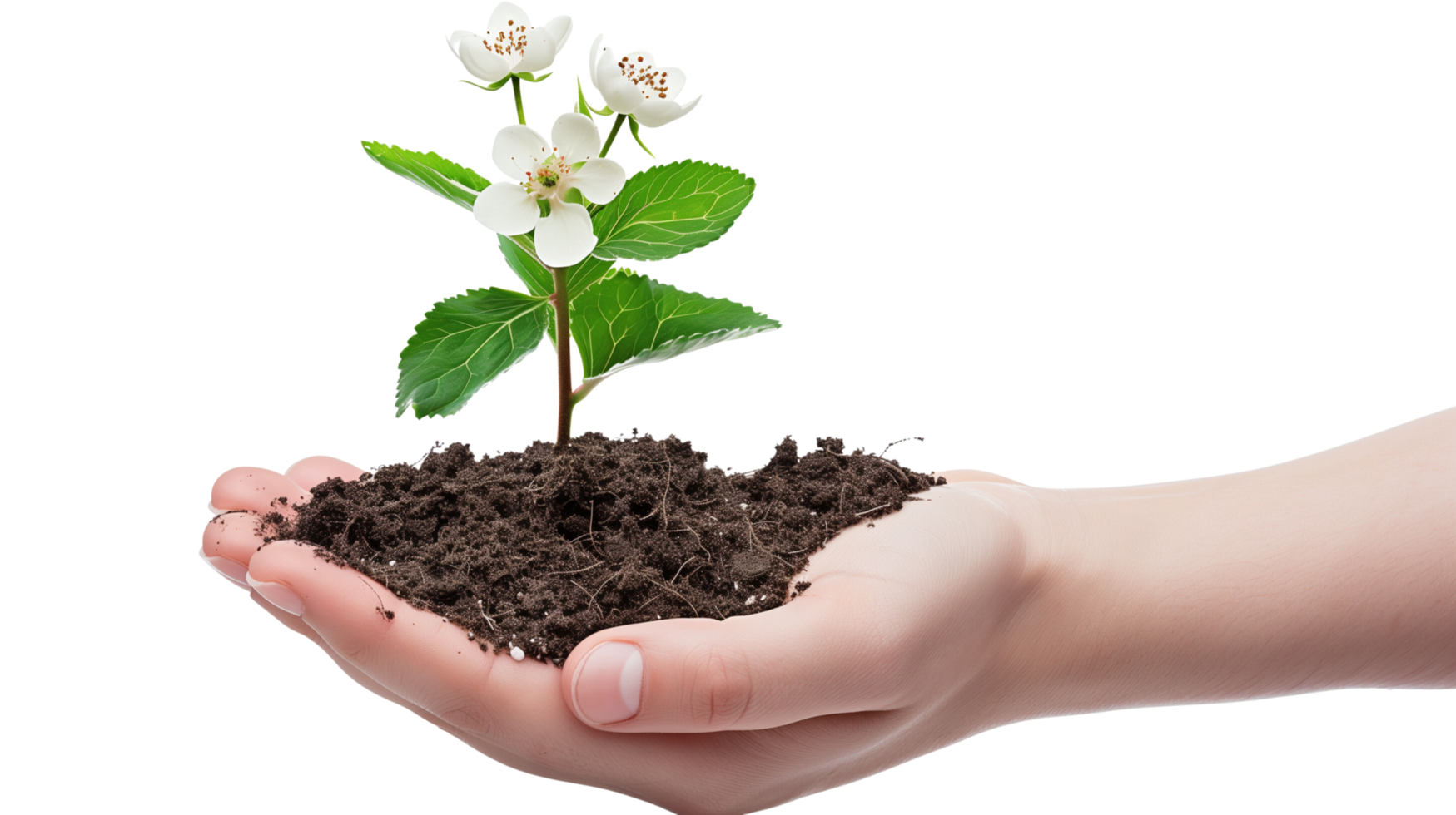A hand gently holding a piece of fertile soil from which a flourishing plant with blossoms emerges, isolated on a transparent background png