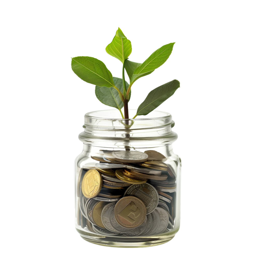 A glass jar filled with coins with a small plant sprouting from the top, isolated on a transparent background png