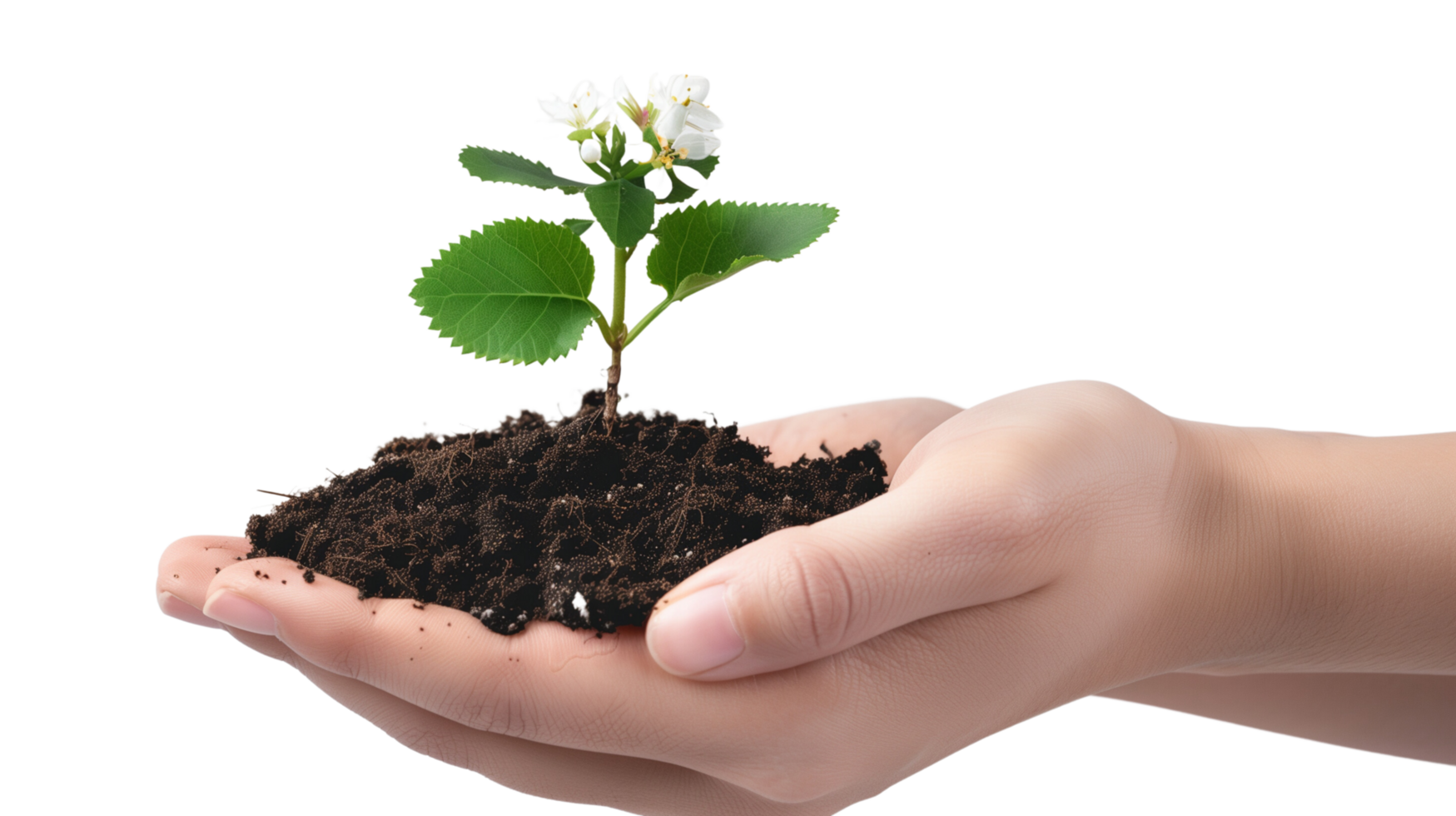 A hand gently holding a piece of fertile soil from which a flourishing plant with blossoms emerges, isolated on a transparent background png