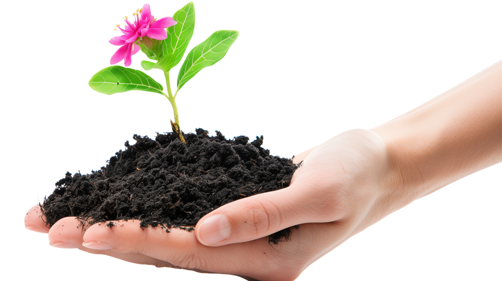 A hand gently holding a piece of fertile soil from which a flourishing plant with blossoms emerges, isolated on a transparent background png