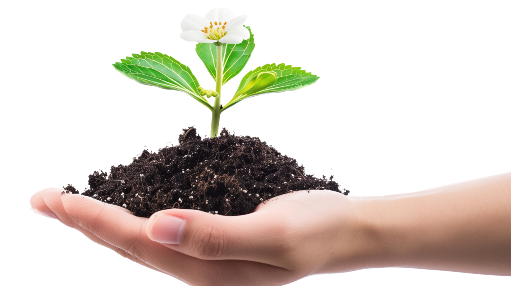 A hand gently holding a piece of fertile soil from which a flourishing plant with blossoms emerges, isolated on a transparent background png