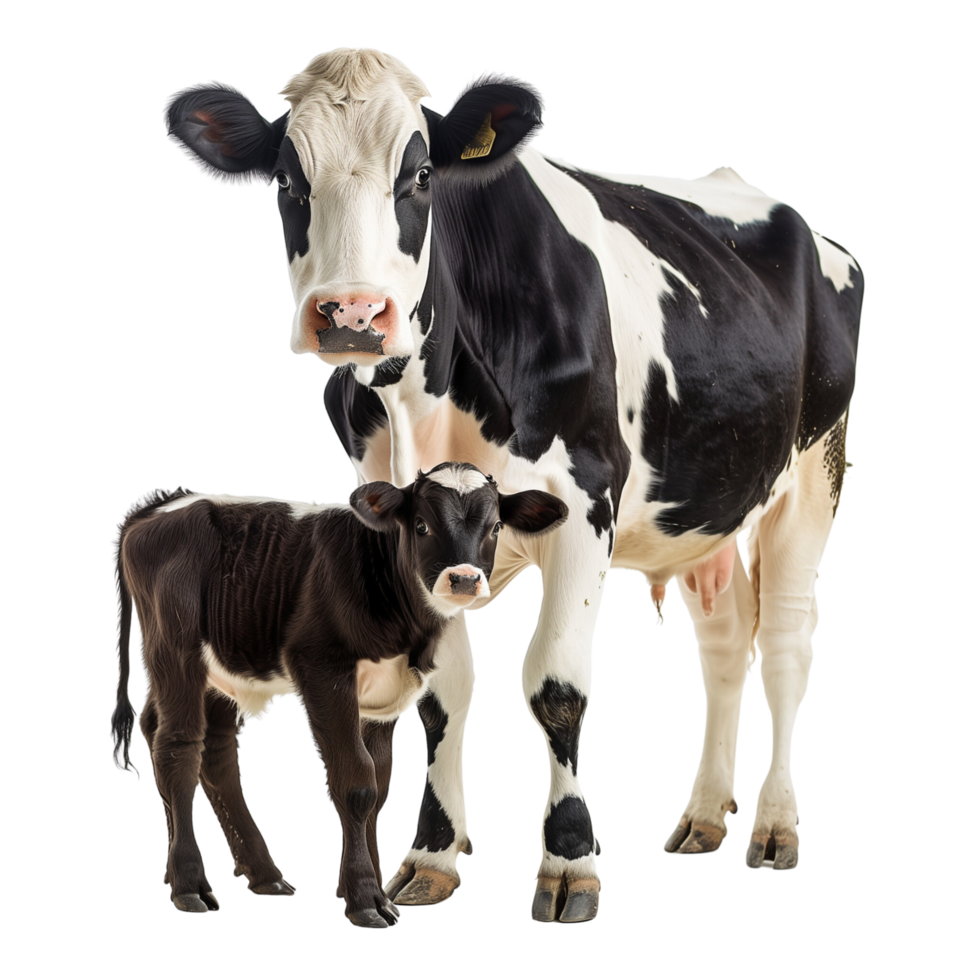 A nurturing mother cow standing beside her calf, isolated on a transparent background png