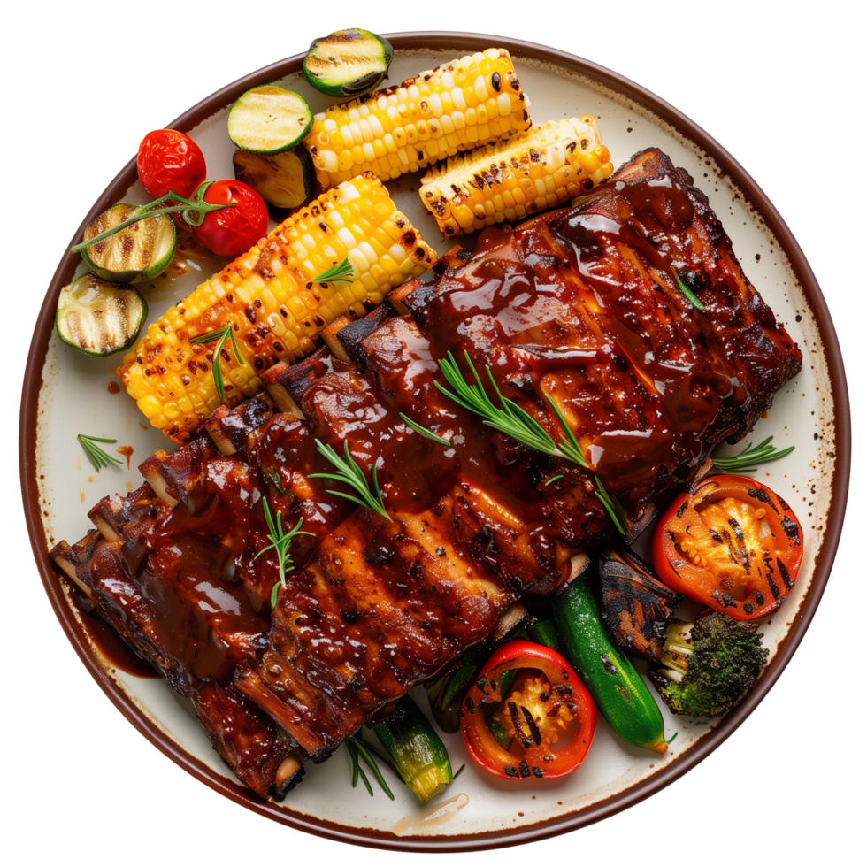 A plate filled with BBQ ribs, corn on the cob, and grilled vegetables, top view isolated on a transparent background png