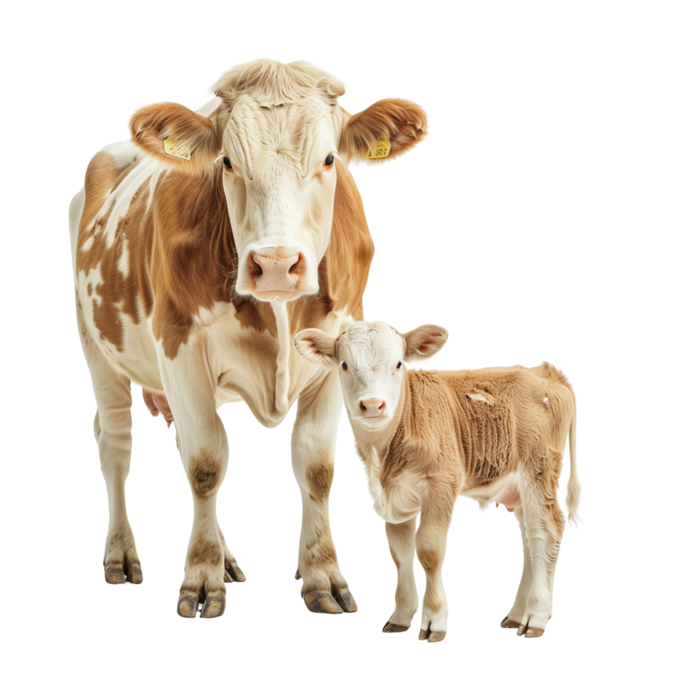 A nurturing mother cow standing beside her calf, isolated on a transparent background png