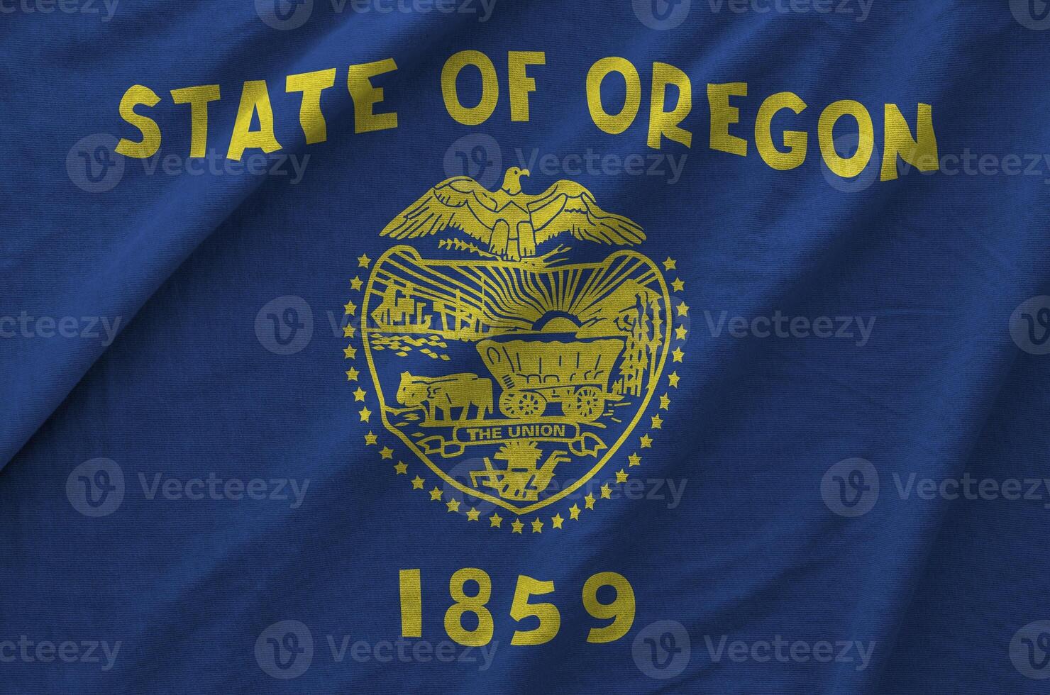 Oregon US state flag depicted on folded wavy fabric of old cloth photo