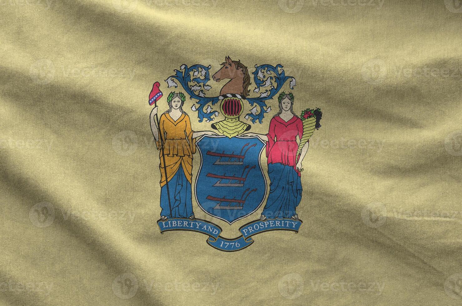 New Jersey US state flag depicted on folded wavy fabric of old cloth photo
