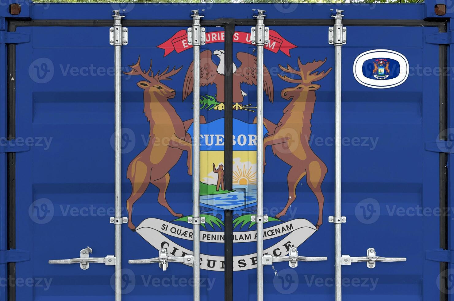 Michigan US state flag depicted on metal doors of shipping cargo container outdoors in docks area photo
