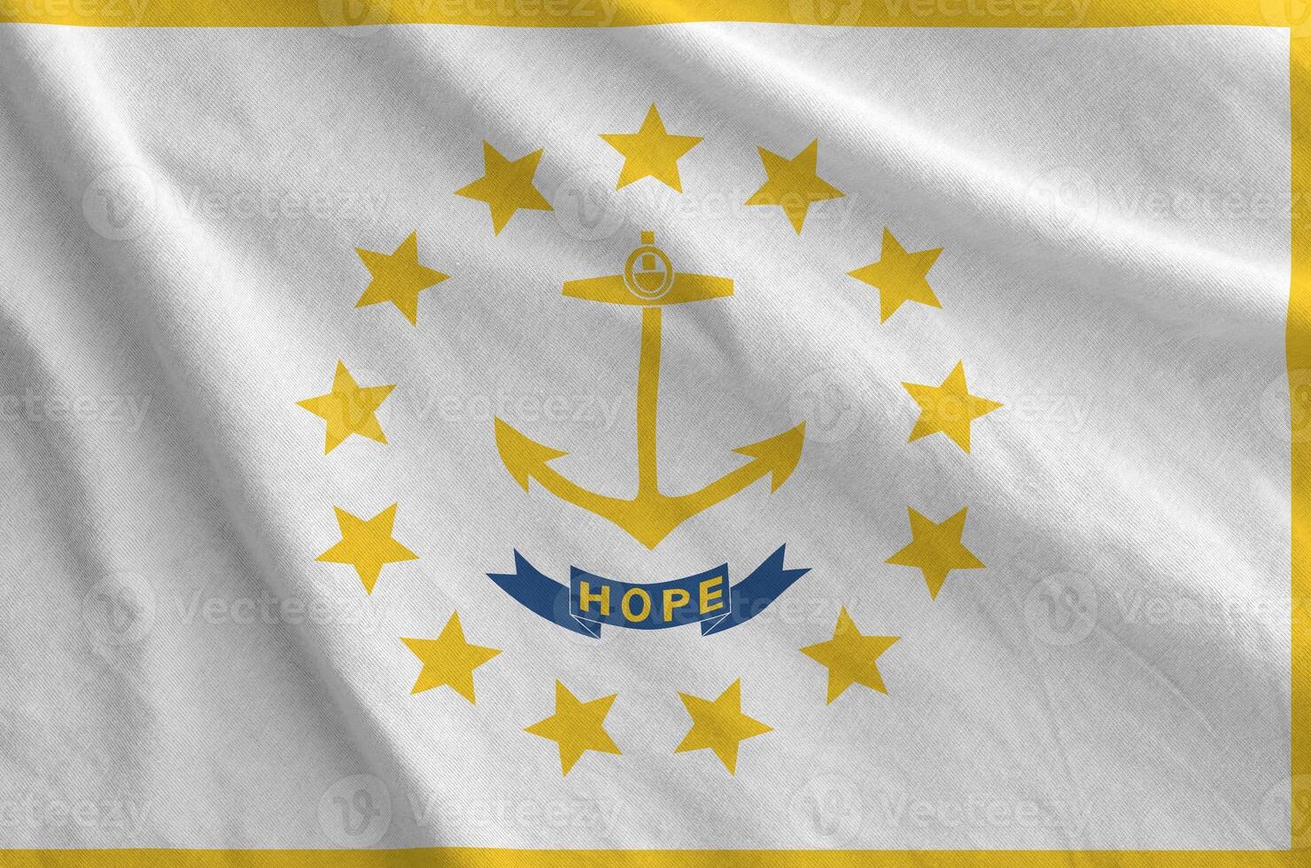 Rhode Island US state flag depicted on folded wavy fabric of old cloth photo