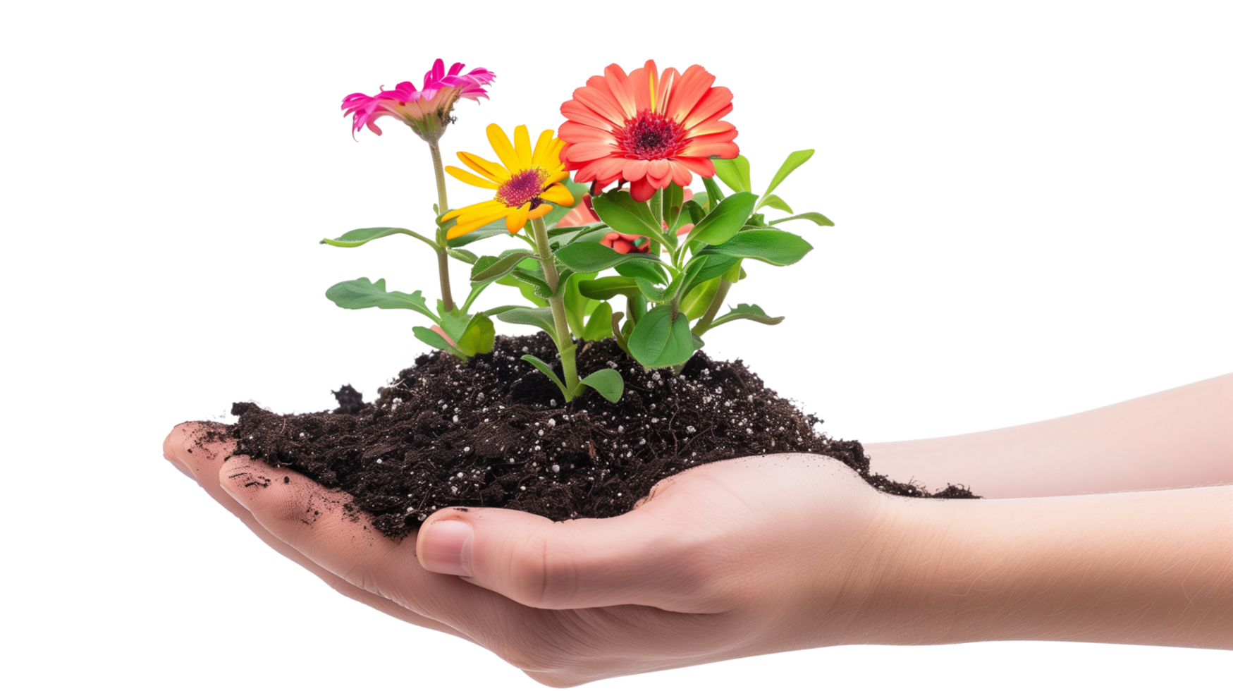 A hand holding a piece of soil with a vibrant green plant growing out of it, colorful flowers in full bloom, on a transparent background png