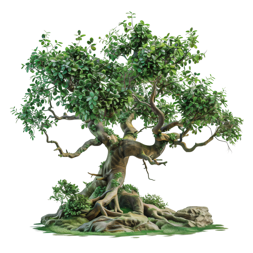 A fantastical world tree with sprawling branches and abundant green leaves, set against a minimalist isolated on a transparent background png