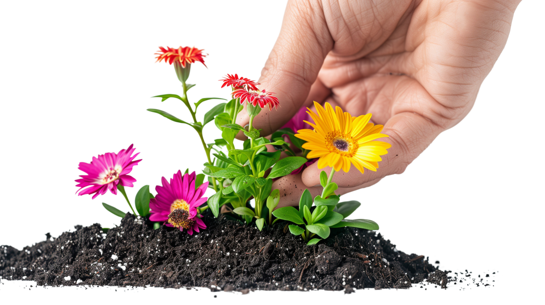 A hand holding a piece of soil with a vibrant green plant growing out of it, colorful flowers in full bloom, on a transparent background png
