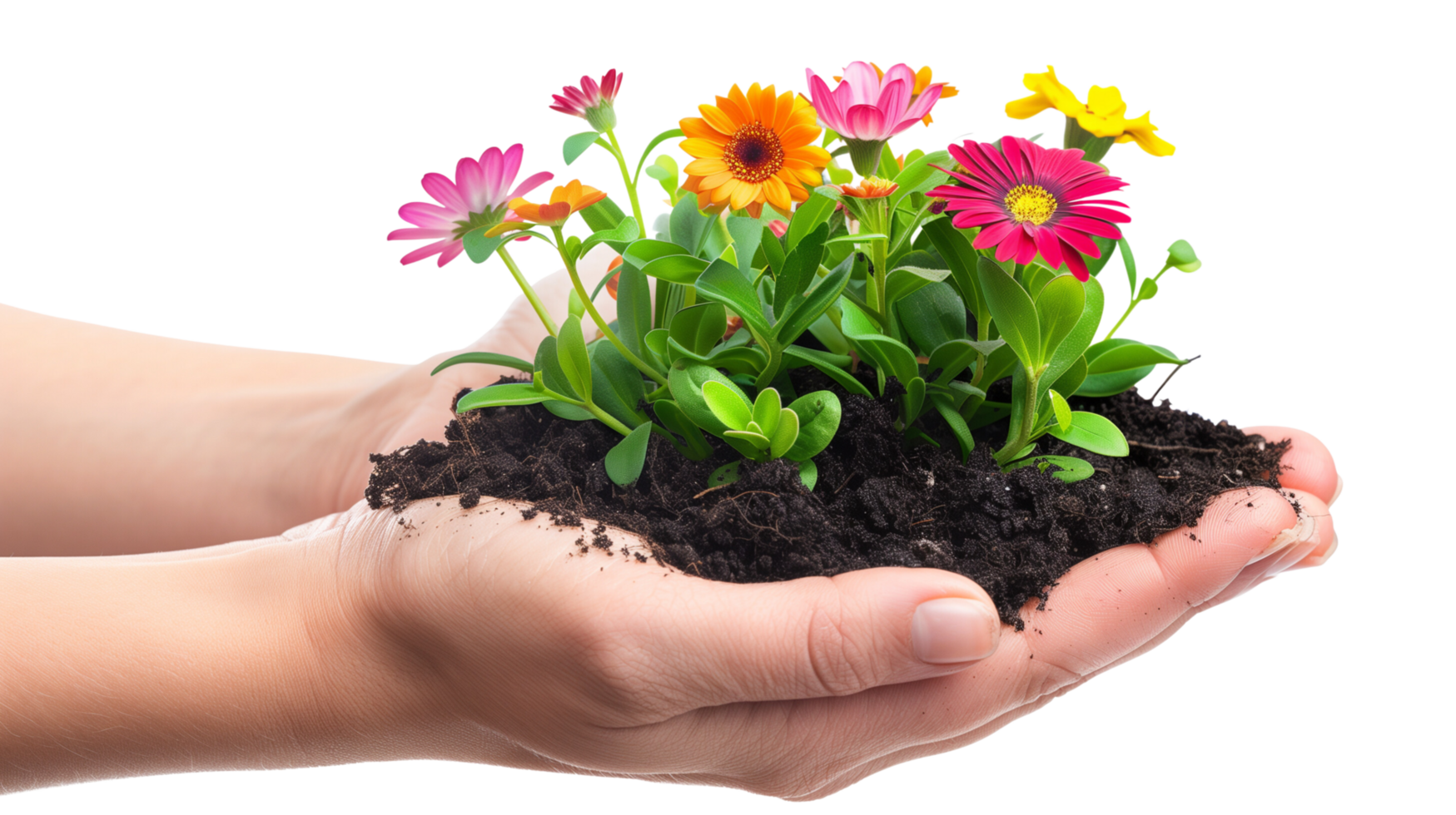 A hand holding a piece of soil with a vibrant green plant growing out of it, colorful flowers in full bloom, on a transparent background png