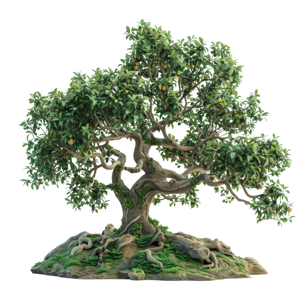 A fantastical world tree with sprawling branches and abundant green leaves, set against a minimalist isolated on a transparent background png