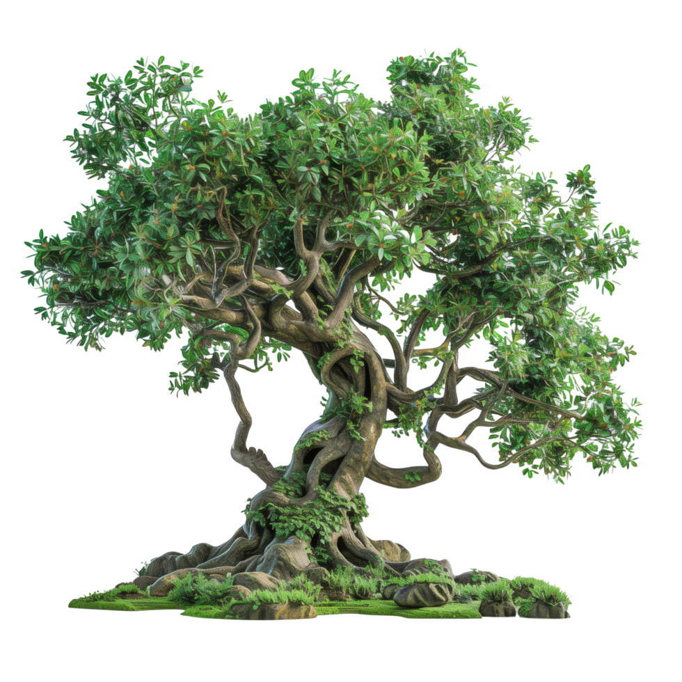 A fantastical world tree with sprawling branches and abundant green leaves, set against a minimalist isolated on a transparent background png