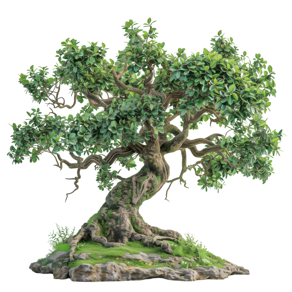 A fantastical world tree with sprawling branches and abundant green leaves, set against a minimalist isolated on a transparent background png