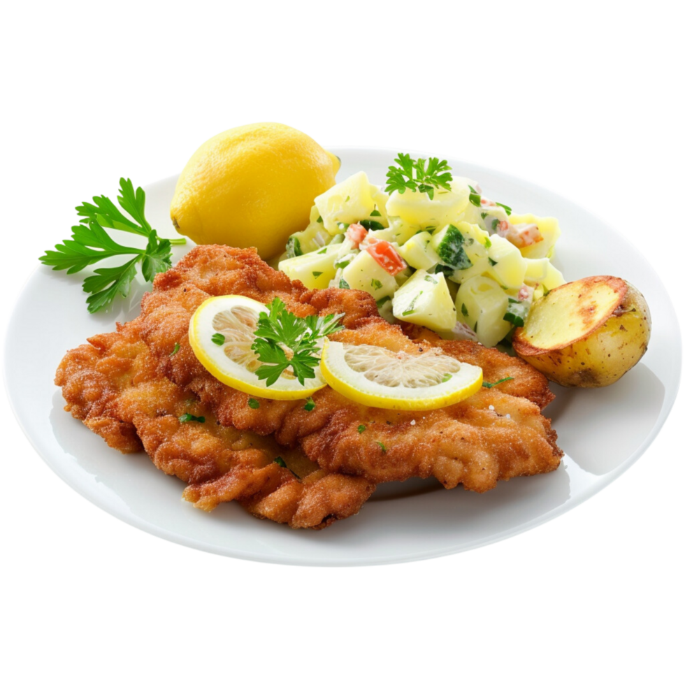 German schnitzel with lemon slices and parsley, accompanied by potato salad on a transparent background png