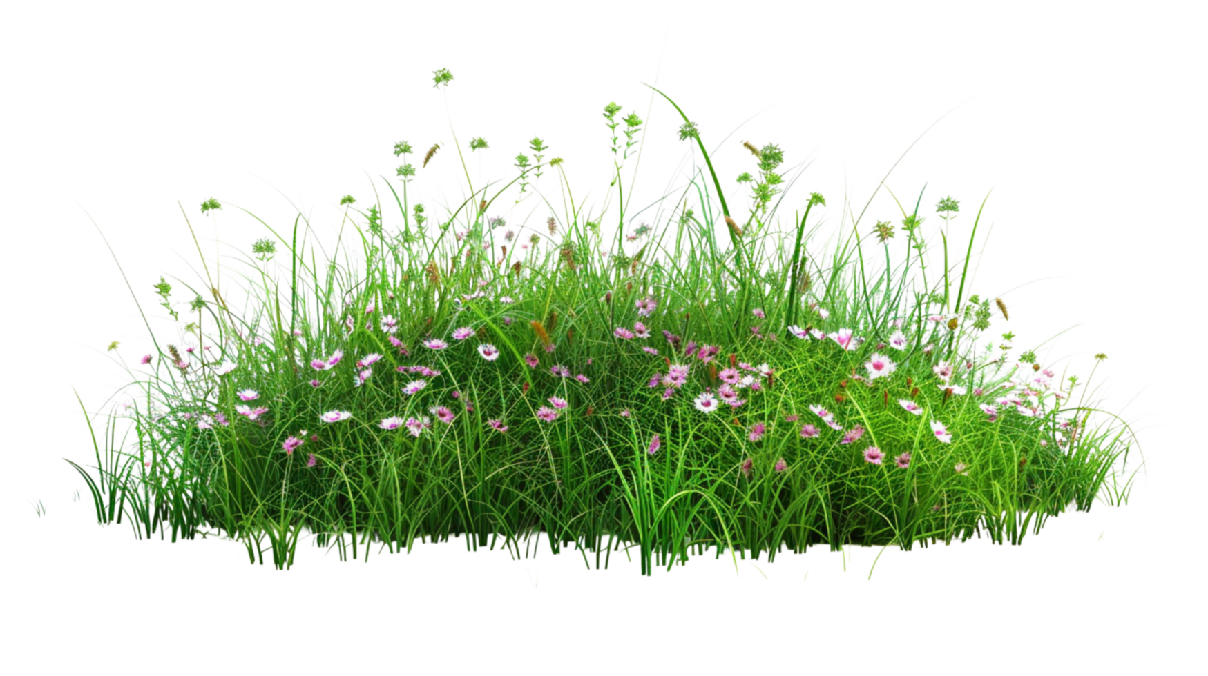 A lush dense bush composed of intricate grass and delicate wildflowers on a transparent background png