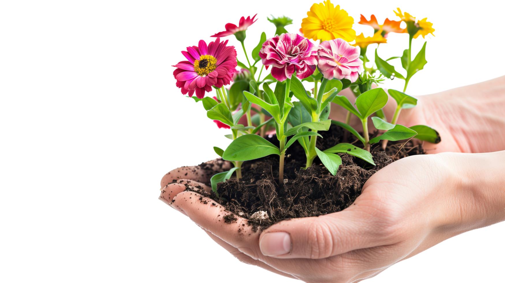 A hand holding a piece of soil with a vibrant green plant growing out of it, colorful flowers in full bloom, on a transparent background png